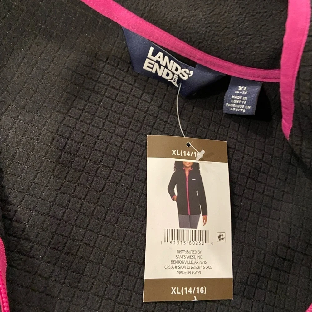 NWT Lands End Girls Size XL Black Pink Waffle Fleece Wind  Resistant Full Zip